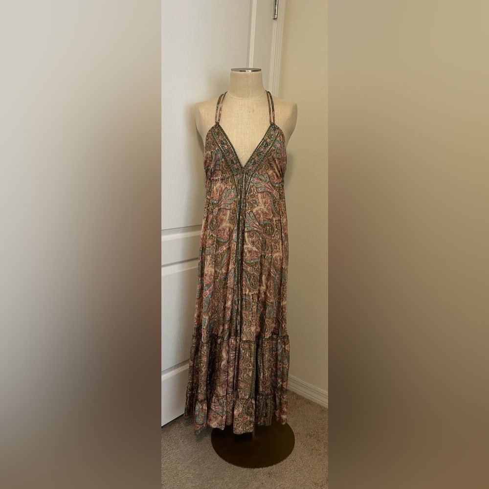 Boho Silk Paisley Midi Dress Halter Backless Tassel Tie Festival Gypsy *READ